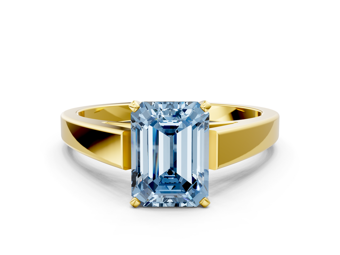 Yellow gold Fancy Blue Emerald  Solitaire Engagement Ring with Four-Prong Setting and Tapered Band_3