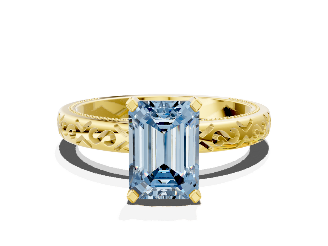 Yellow gold Fancy Blue Emerald  Solitaire Engagement Ring with Scrollwork Band and Four-Prong Setting_154