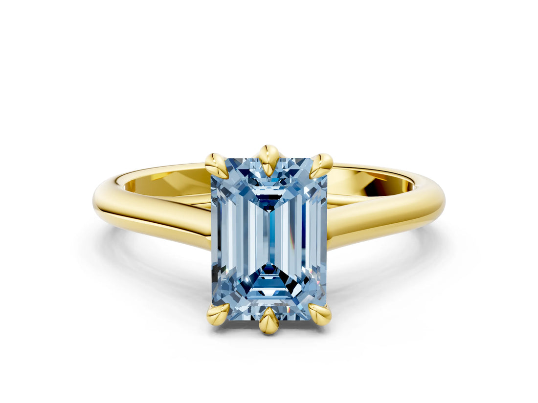 Yellow gold Fancy Blue Emerald  Solitaire Engagement Ring with Six-Prong Setting and Classic Band 1