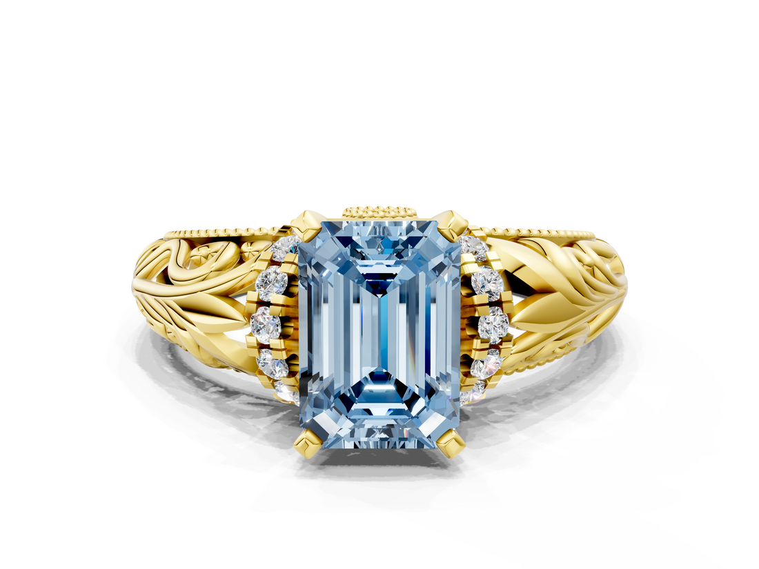 Yellow gold Fancy Blue Emerald  Solitaire Filigree Engagement Ring with Halo and Prong Setting_85