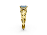 Yellow gold Fancy Blue Emerald  Solitaire Filigree Engagement Ring with Halo and Prong Setting_87