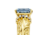 Yellow gold Fancy Blue Emerald  Solitaire Filigree Engagement Ring with Halo and Prong Setting_90