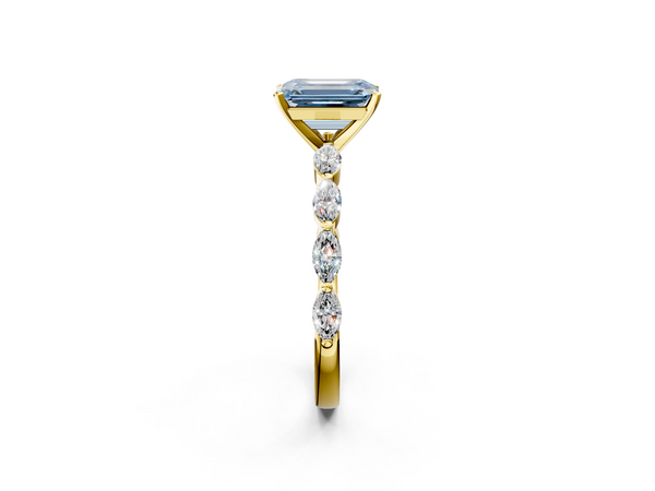 Yellow gold Fancy Blue Emerald Cut Diamond Ring with Marquise Side Stones and Prong Setting