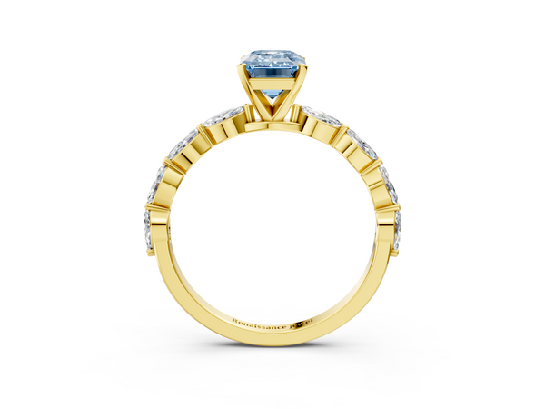 Yellow gold Fancy Blue Emerald Cut Diamond Ring with Marquise Side Stones and Prong Setting