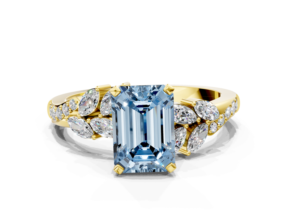 Yellow gold Fancy Blue Emerald  Solitaire Marquise Twist Band with Six-Prong Setting_60