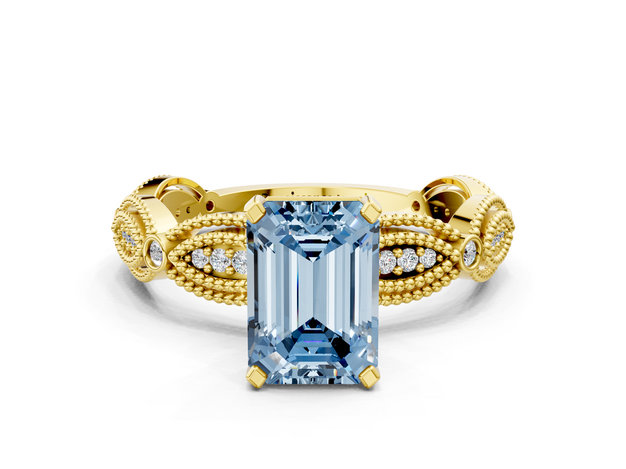 Yellow gold Fancy Blue Emerald  Solitaire Milgrain Diamond Engagement Ring with Bezel and Marquise Band