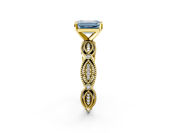 Yellow gold Fancy Blue Emerald  Solitaire Milgrain Diamond Engagement Ring with Bezel and Marquise Band