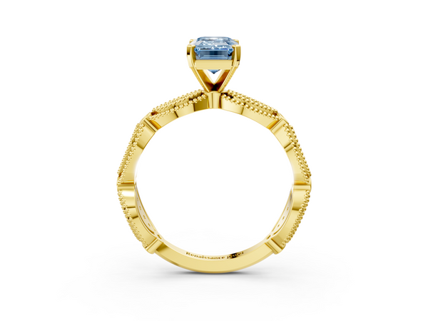 Yellow gold Fancy Blue Emerald  Solitaire Milgrain Diamond Engagement Ring with Bezel and Marquise Band