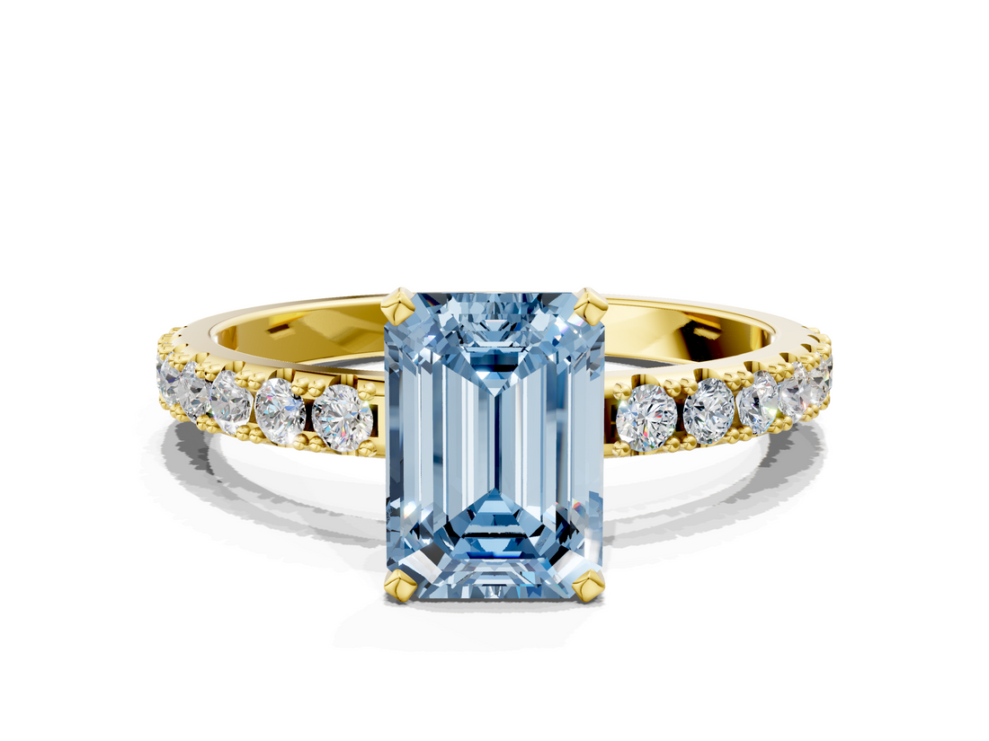 Yellow gold Fancy Blue Emerald  Solitaire Pavé Band with Four-Prong Setting_120