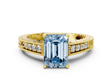 Yellow gold Fancy Blue Emerald  Solitaire Pavé Diamond Milgrain Engagement Ring with Four-Prong Setting_3