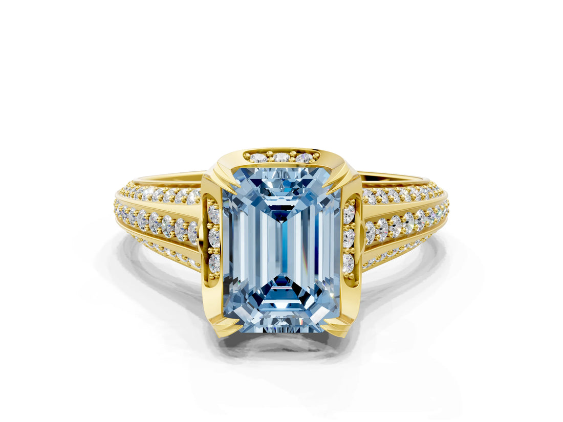Yellow gold Fancy Blue Emerald  Solitaire Pave Split Shank Ring with Four-Prong Setting_81