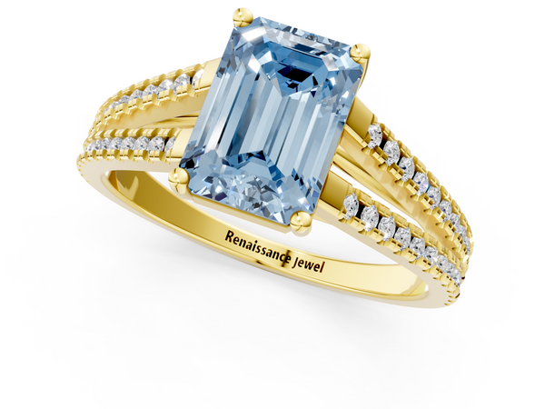 Yellow gold Fancy Blue Emerald Cut Diamond Solitaire Engagement Ring with Split Shank Pavé Band