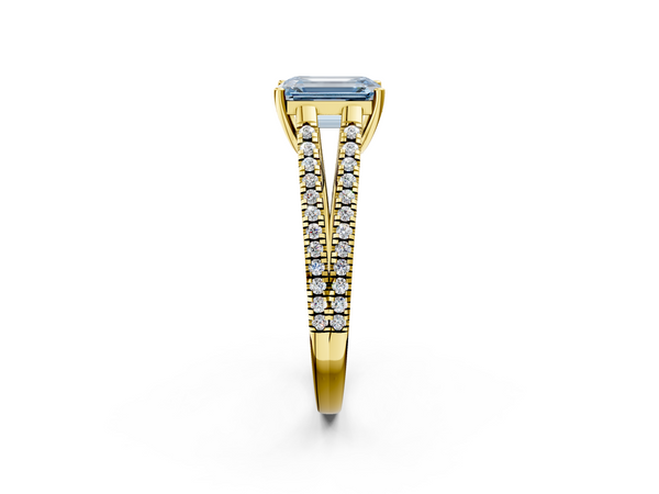 Yellow gold Fancy Blue Emerald Cut Diamond Solitaire Engagement Ring with Split Shank Pavé Band