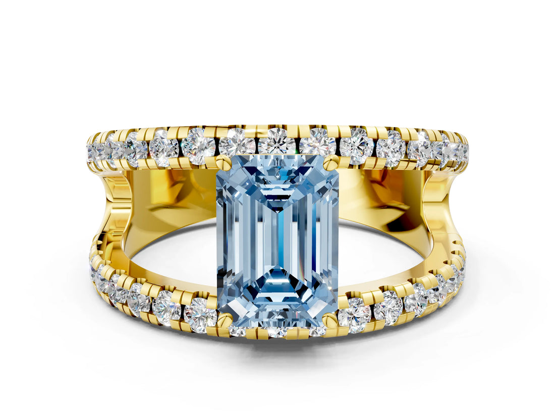 Yellow gold Fancy Blue Emerald  Solitaire Split Shank Pave Diamond Ring_73