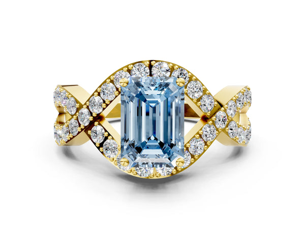 Yellow gold Fancy Blue Emerald  Solitaire Twist Band Pavé Diamond Engagement Ring