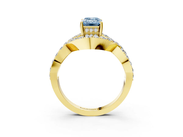 Yellow gold Fancy Blue Emerald  Solitaire Twist Band Pavé Diamond Engagement Ring