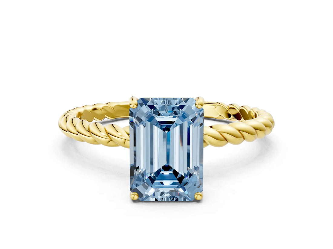 Yellow gold Fancy Blue Emerald  Solitaire Twist Band Ring with Four-Prong Setting_68