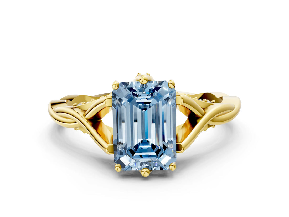 Yellow gold Fancy Blue Emerald  Solitaire Twist Band Six-Prong Setting