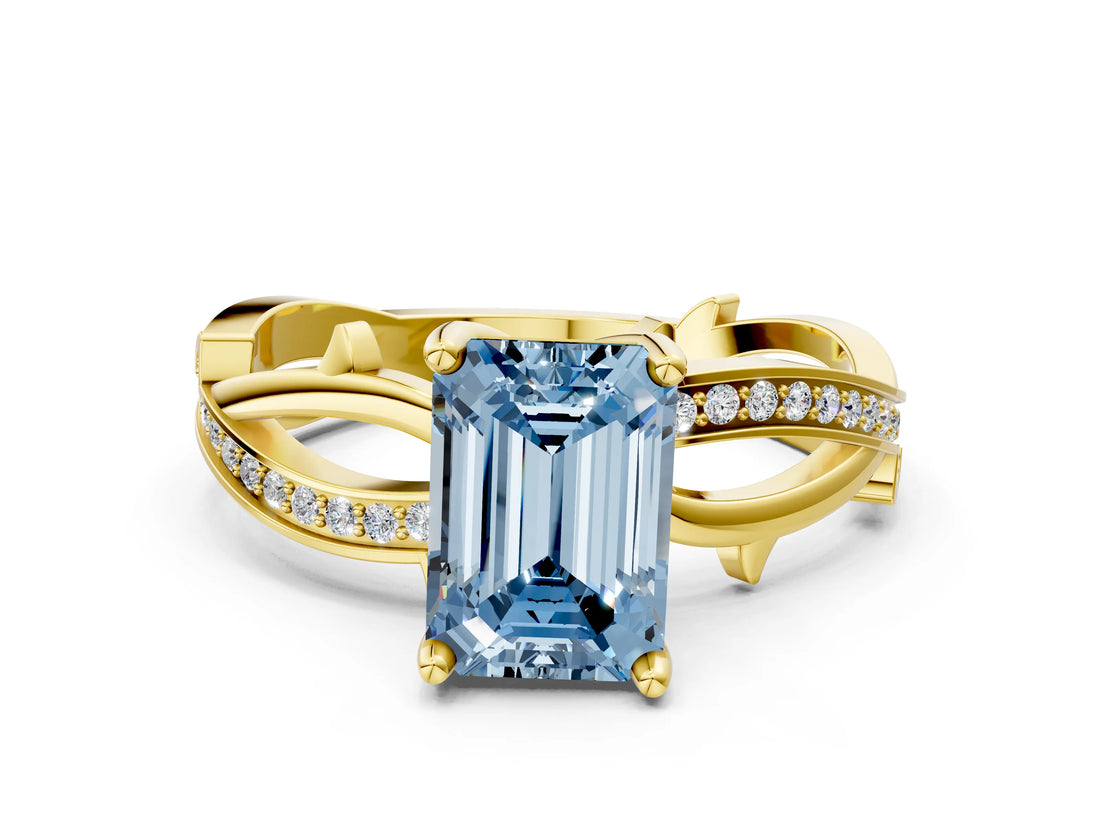 Yellow gold Fancy Blue Emerald  Solitaire Twist Band with Pavé Accents and Four-Prong Setting_21