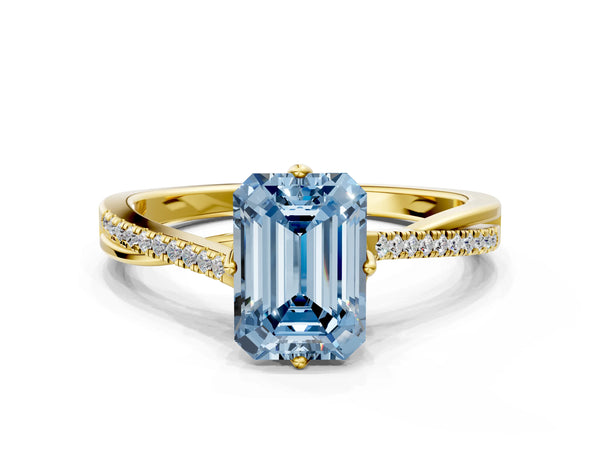 Yellow gold Fancy Blue Emerald  Solitaire Twist Band with Pavé Diamonds and Four-Prong Setting