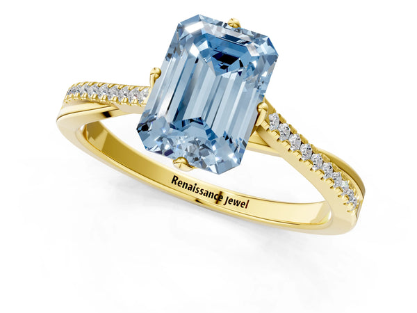 Yellow gold Fancy Blue Emerald  Solitaire Twist Band with Pavé Diamonds and Four-Prong Setting