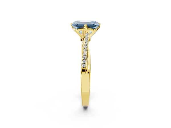 Yellow gold Fancy Blue Emerald  Solitaire Twist Band with Pavé Diamonds and Four-Prong Setting