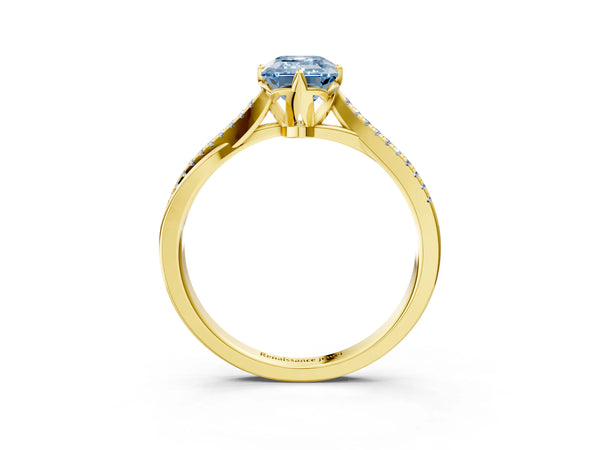 Yellow gold Fancy Blue Emerald  Solitaire Twist Band with Pavé Diamonds and Four-Prong Setting