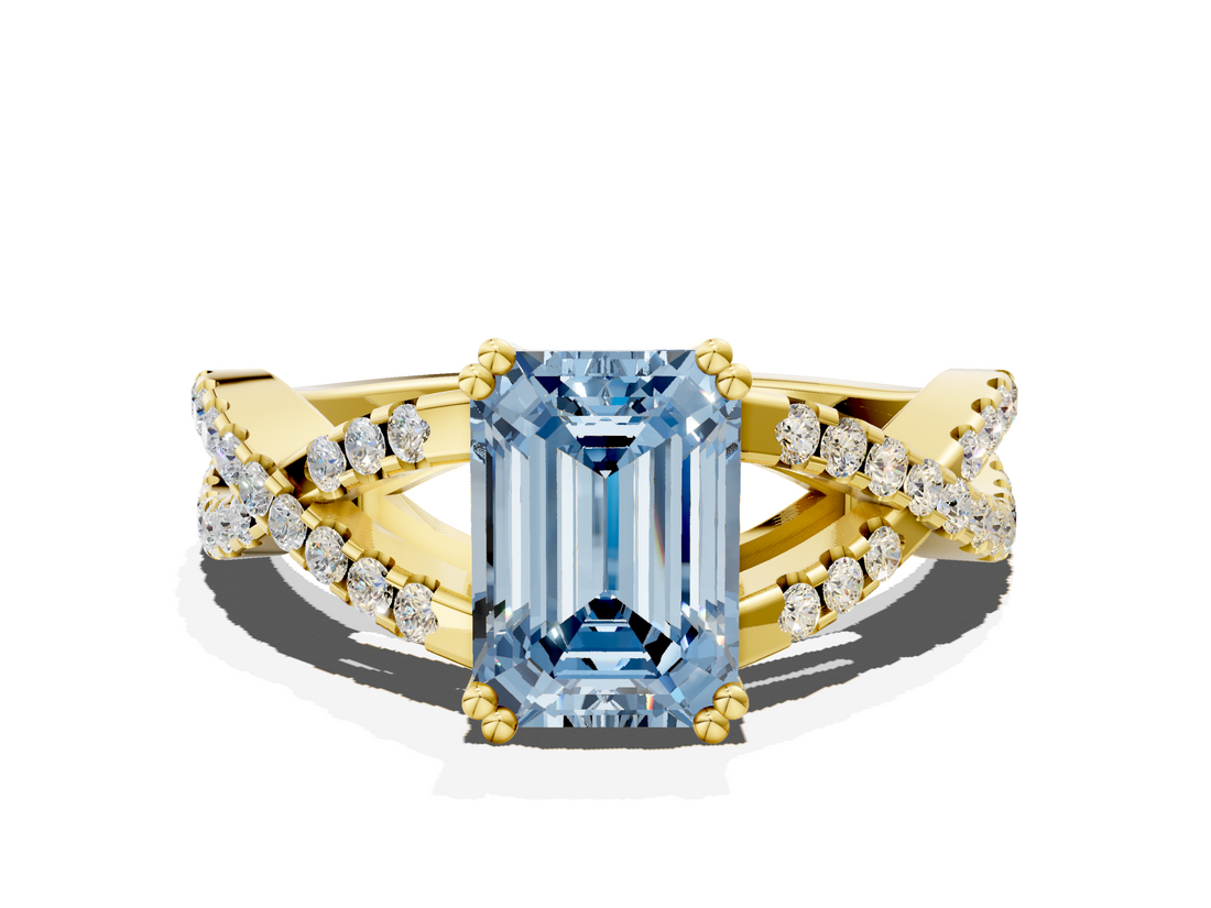 Yellow gold Fancy Blue Emerald  Solitaire Twist Band with Pavé Setting and Four-Prong Setting_17
