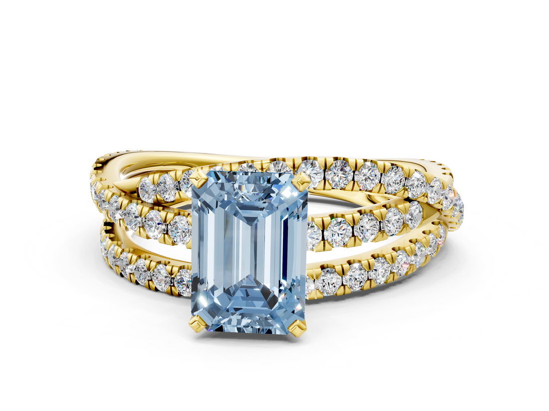 Yellow gold Fancy Blue Emerald  Solitaire Twist Band with Pavé Setting and Four-Prong Setting_79