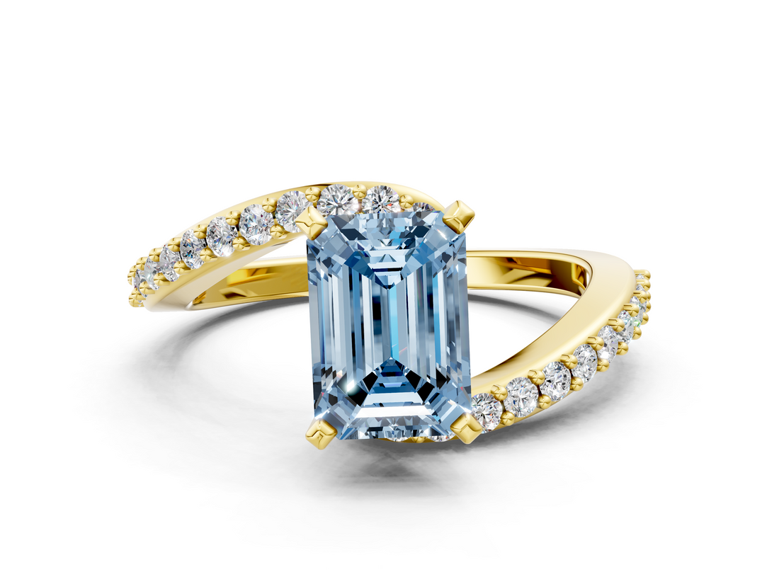 Yellow gold Fancy Blue Emerald  Solitaire Twist Band with Pave Set Diamonds and Four-Prong Setting_108