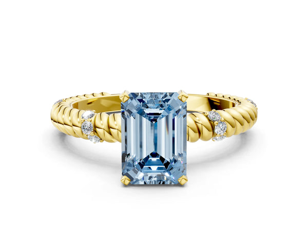 Yellow gold Fancy Blue Emerald  Solitaire Twisted Band Prong Set Engagement Ring