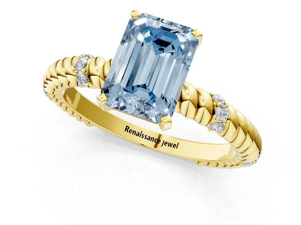 Yellow gold Fancy Blue Emerald  Solitaire Twisted Band Prong Set Engagement Ring