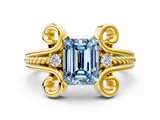 Yellow gold Fancy Blue Emerald  Solitaire Twisted Band Scroll Prong Ring_3