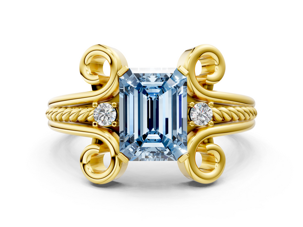 Yellow gold Fancy Blue Emerald  Solitaire Twisted Band Scroll Prong Ring