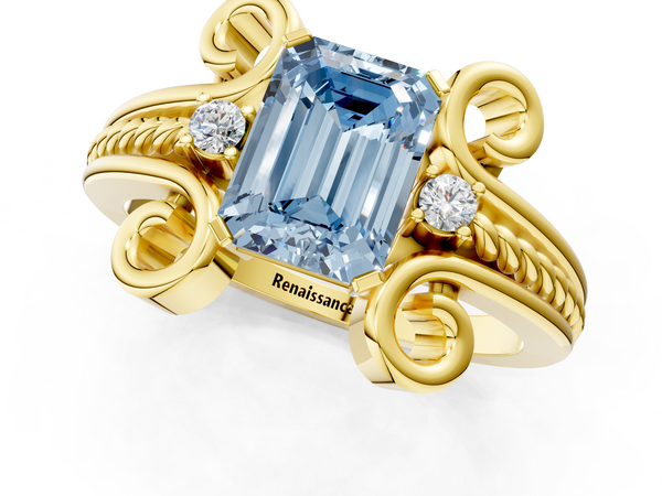 Yellow gold Fancy Blue Emerald  Solitaire Twisted Band Scroll Prong Ring