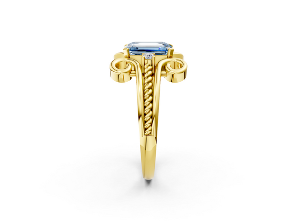 Yellow gold Fancy Blue Emerald  Solitaire Twisted Band Scroll Prong Ring