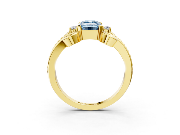 Yellow gold Fancy Blue Emerald  Solitaire Twisted Band Scroll Prong Ring