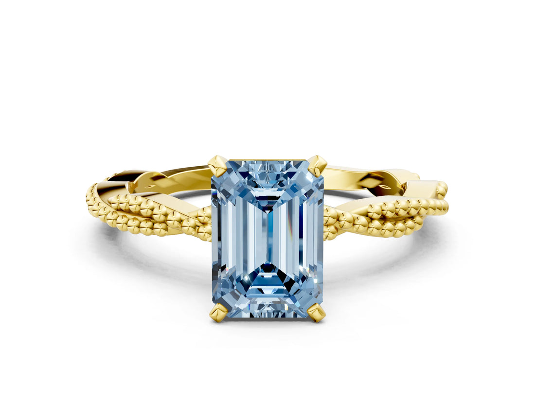 Yellow gold Fancy Blue Emerald  Solitaire Twisted Band with Bead Prong Setting_303