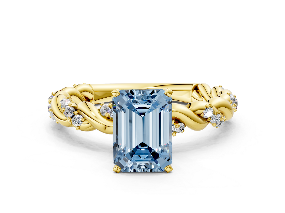 Yellow gold Fancy Blue Emerald  Solitaire Twisted Band with Pavé Accents and Four-Prong Setting_3