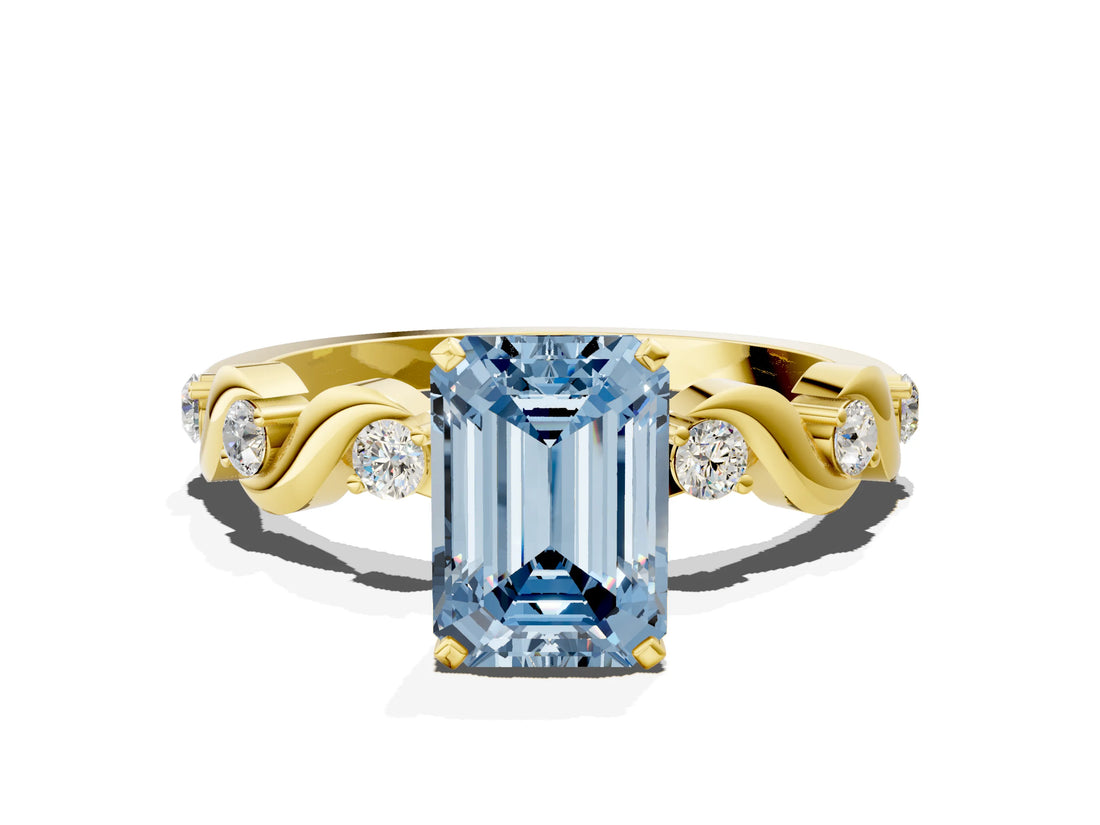 Yellow gold Fancy Blue Emerald  Solitaire Twisted Band with Prong Setting