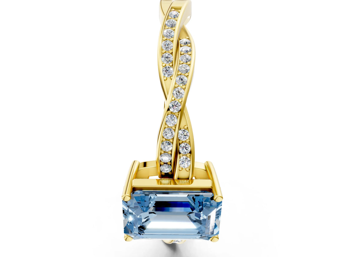 Yellow gold Fancy Blue Emerald  Solitaire Twisted Pave Diamond Ring with Four-Prong Setting_12