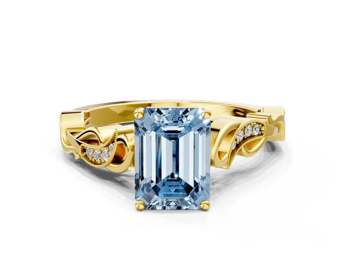 Yellow gold Fancy Blue Emerald  Solitaire Vine Band with Milgrain Prong Setting_3