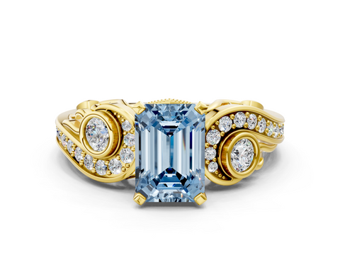 Yellow gold Fancy Blue Emerald  Solitaire with Milgrain Pave Band and Four-Prong Setting_154
