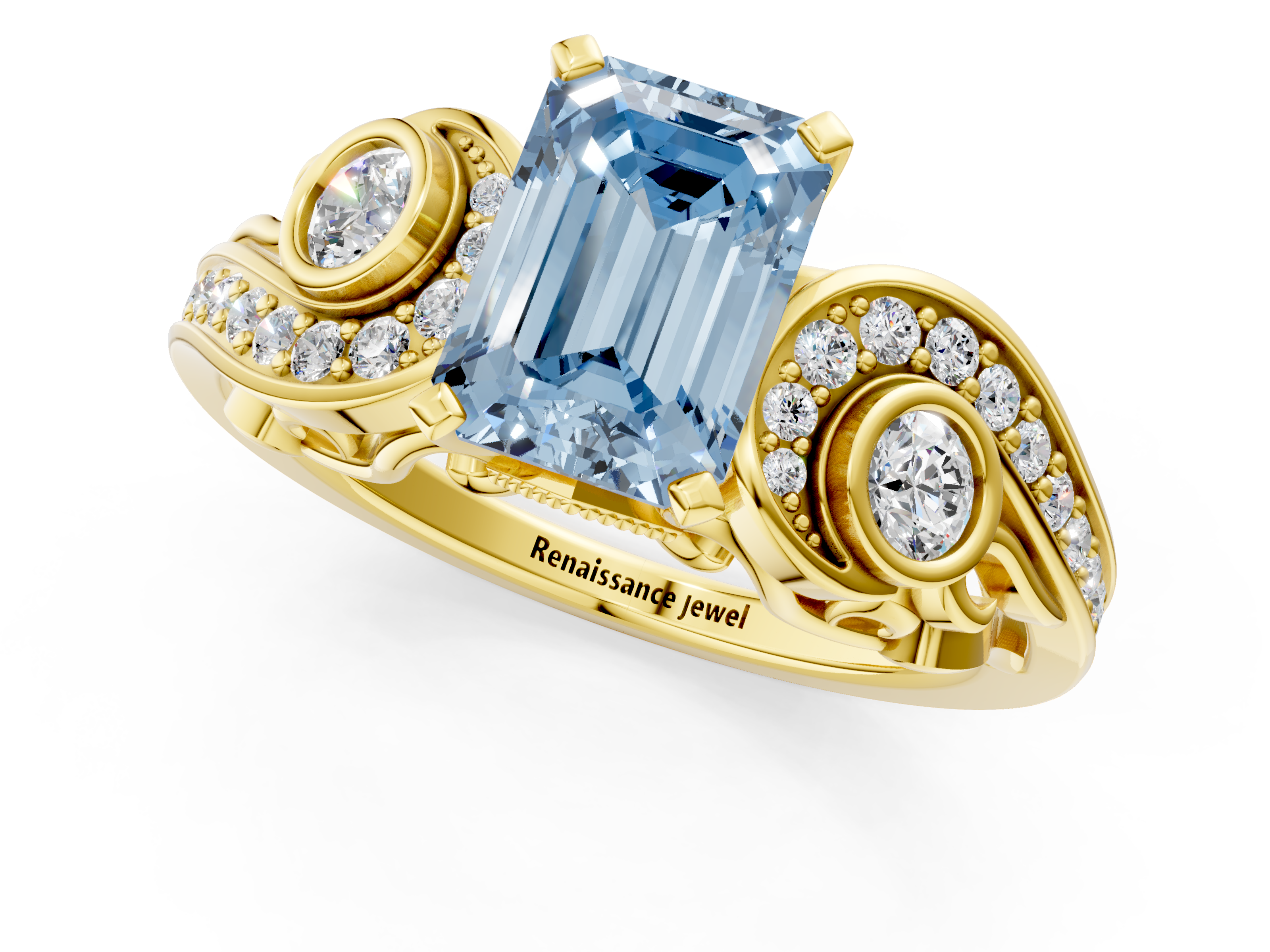 Yellow gold Fancy Blue Emerald  Solitaire with Milgrain Pave Band and Four-Prong Setting_155
