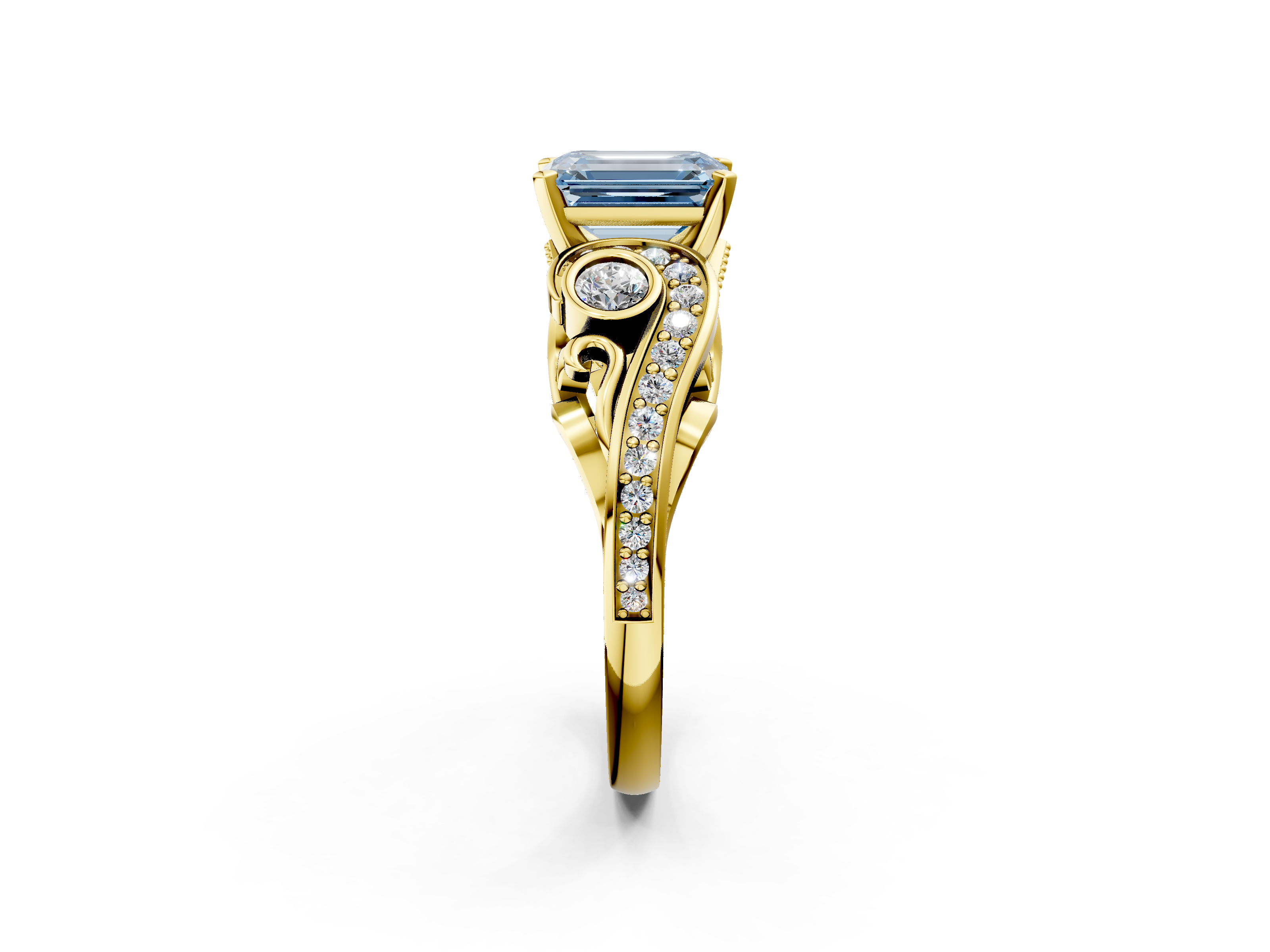 Yellow gold Fancy Blue Emerald  Solitaire with Milgrain Pave Band and Four-Prong Setting_156