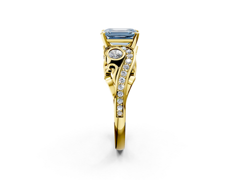 Yellow gold Fancy Blue Emerald  Solitaire with Milgrain Pave Band and Four-Prong Setting_156