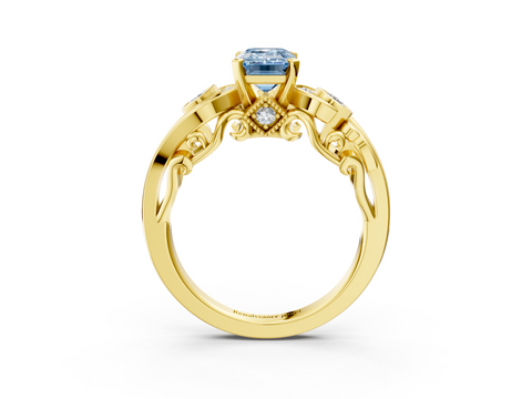 Yellow gold Fancy Blue Emerald  Solitaire with Milgrain Pave Band and Four-Prong Setting_157