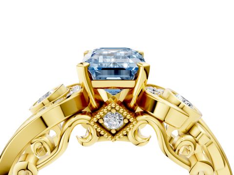 Yellow gold Fancy Blue Emerald  Solitaire with Milgrain Pave Band and Four-Prong Setting_158