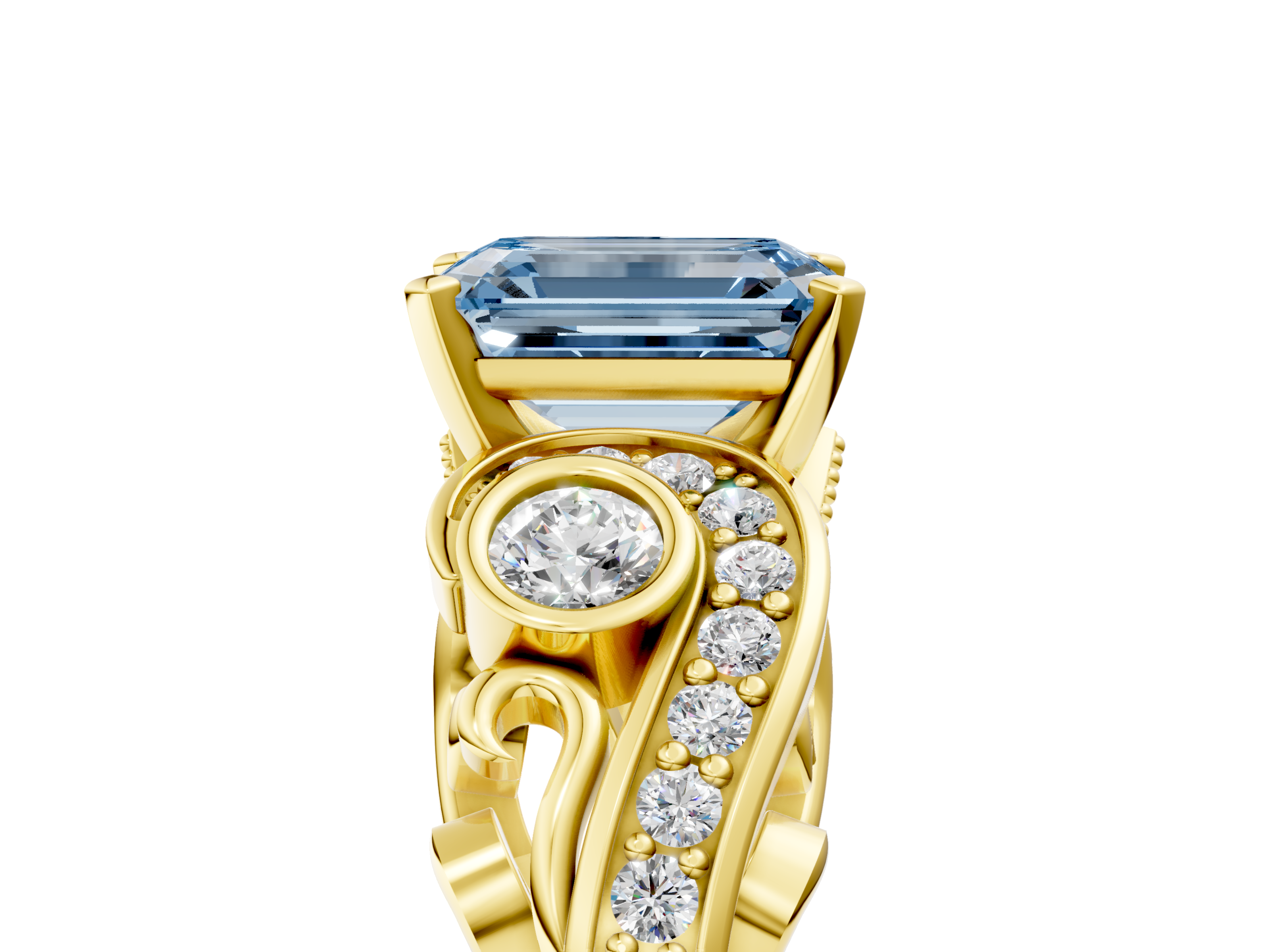 Yellow gold Fancy Blue Emerald  Solitaire with Milgrain Pave Band and Four-Prong Setting_159
