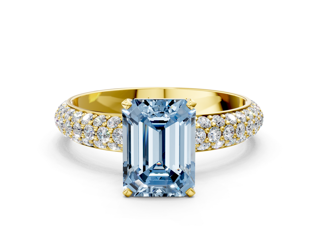 Yellow gold Fancy Blue Emerald  Solitaire with Pave Band and Four-Prong Setting_3